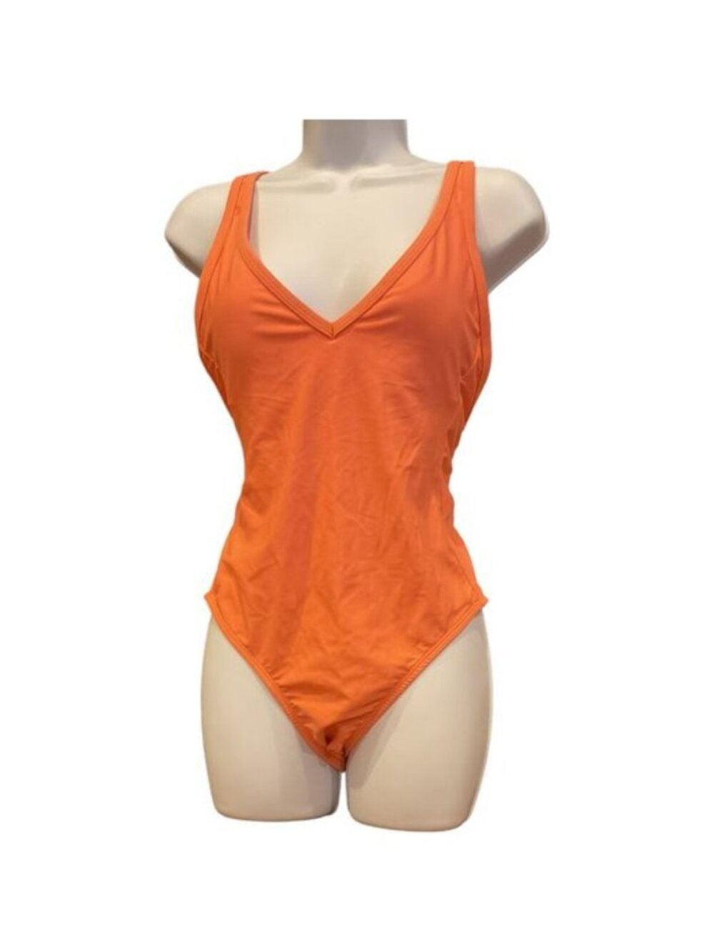 Kona Sol Orange V-Neck One Piece Swimsuit High Leg Beachwear Bathing Suit NWT S